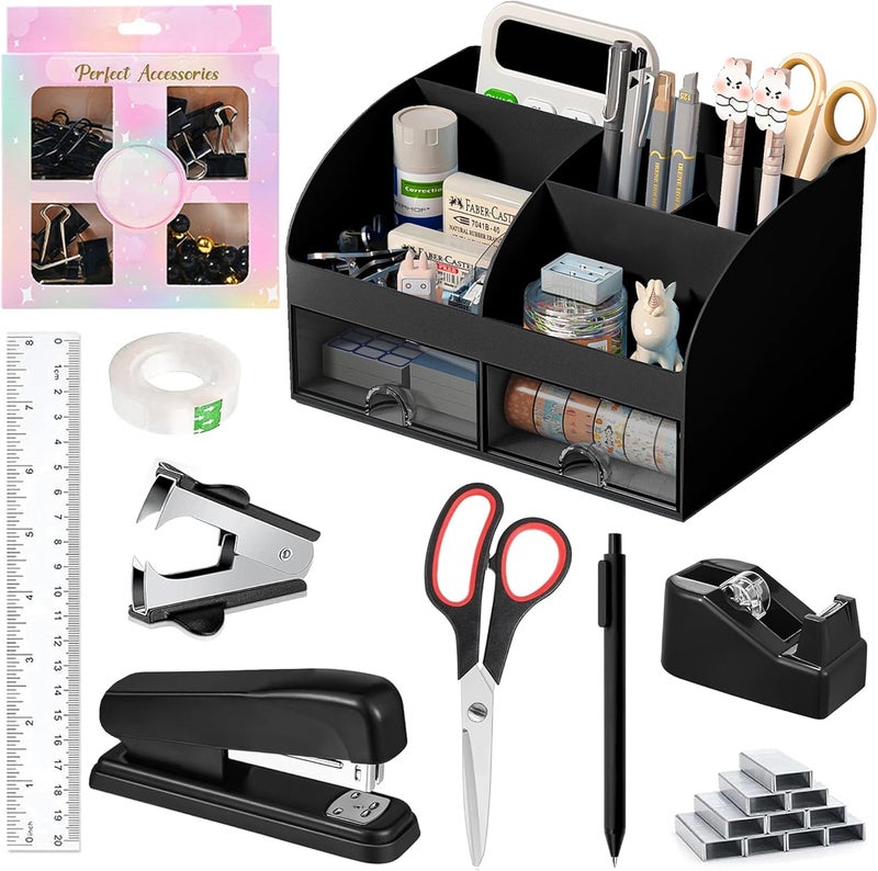 COMFYROOM Black Desk Accessories with Pen Holder, Office Supplies Desk Organizers and Accessories, Tape Dispenser, Stapler, Staple Remover, Staples, Clips Set, Ruler, Scissor, Pen, Tape (Black) - Image 1